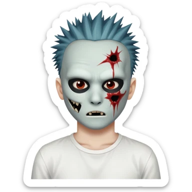 zombie boy with spiky emo hair and white shirt emoji and 

He wears an anonymous mask on half his face and has wounds on the other half. sticker