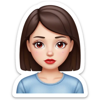 “Emoji brunette girl white top, dewy skin, heavy blush across cheeks and nose bridge, glossy cherry lips, soft eyeliner, teary sparkling eyes like hanni from new jeans sticker