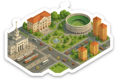 Изометричная миниатюрная фотореалистичная 3D модель панорамы Краснодара - вокзал Краснодар, КубГМУ, парк Краснодар со стадионом, краснодарские дома, автотранспорт четкие линии, яркие цвета, мультяшный реализм, люди, автотранспорт, компактная композиция, вид сверху в изометрии, прозрачный фон sticker