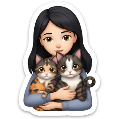 girl with black hair hugging three cats  (tortie cat, full gray cat, brown calico cat) sticker