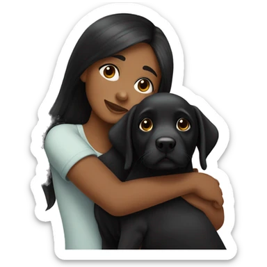 girl with very long black hair and dark skin hugging a black Labrador puppy sticker