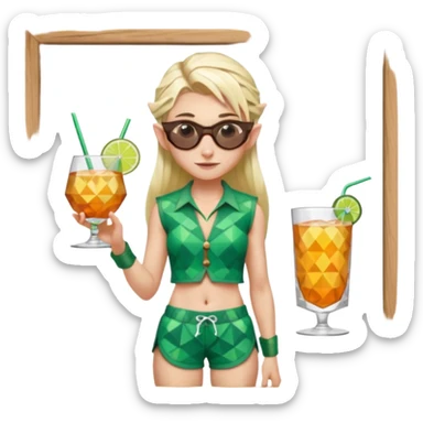 elf female legolas portrait, patterned board shorts (geometric/abstract), unique wooden-framed sunglasses, undercut hairstyle, slight smirk, visible pointy ears, no background, centered emoji, hipster summer vibe coctails  sticker