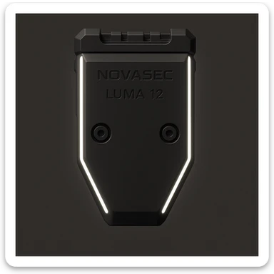 Add a thin white LED light strip along each side of the device, keeping the rest of the design unchanged. Maintain the technical, orthographic back view of the NOVASEC LUMA 12 underbarrel attachment in a detailed, technical style. sticker