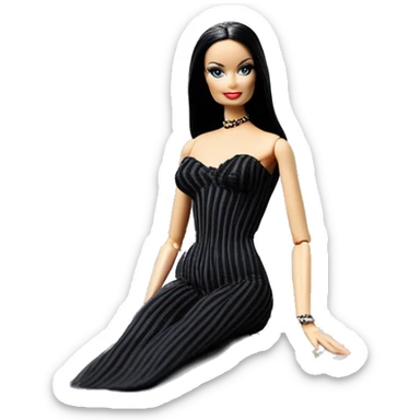 Bouclé Beauty Lingerie Barbie, 1965 Morticia Addams from academy, in dark-gray and black striped outfit with hat. Driving 1978 Mercedes convertible sports car  sticker