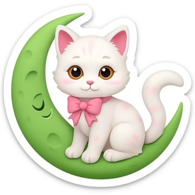 Change the yellow moon to green, keep the cute kitten with pink bow, in emoji style with no background. sticker