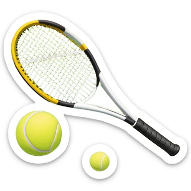 A tennis racket and ball placed on the grass court, with the lines of the court clearly visible in the background. The scene captures the essence of the sport, highlighting the equipment and the vibrant, open atmosphere of a tennis match sticker