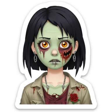 make a zoombie emoji with medium black hair, hime cut, piercing in both eyebrow and septum sticker