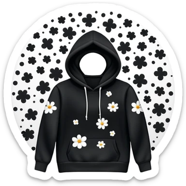 The BLACK Hoodie features a black base with distinctive white and black  open flower spots with empty space in the middle, These hollow ring-like patterns are scattered across. BLACK AND WHITE FLOWERS SPACED OUT FLOWERS, AND ONLY A FEW FLOWERS AND NO DOTS, NO VINES, NO LEAVES sticker