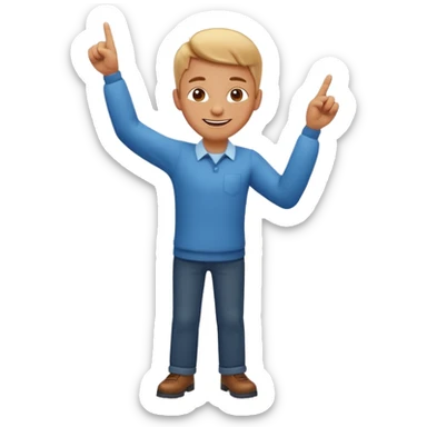 emoji of a cheerful cartoon person pointing down at the ground with both hands — standing straight, smiling confidently, arms bent and both index fingers extended downward — simple background, bright lighting, clean expressive Apple emoji design, playful and clear “here” meaning sticker