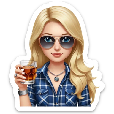 girl with long blond hair, wearing black and white plaid shirt, with blue eyes and aviator sunglasses, wearing a ring on her silver necklace around her neck, holding a glass of whiskey, wearing rose gold apple watch sticker