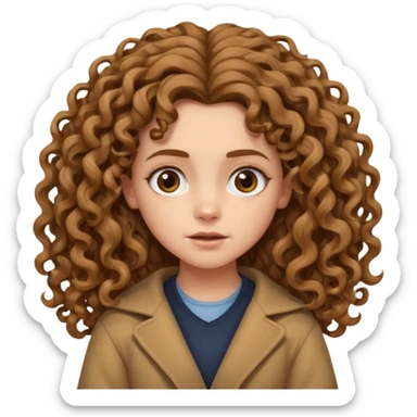 hermione shrugging, long light brown very curly voluminous hair, reaching below the shoulders, thick and full curls, messy natural texture, cartoon emoji style. sticker