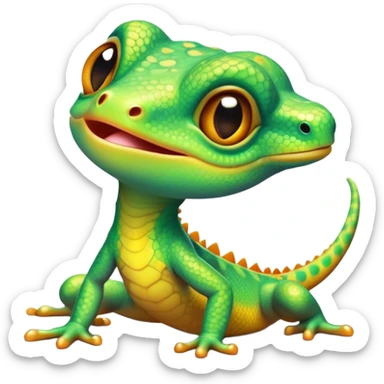 Cinematic Cute Gecko Portrait Emoji, Head tilted playfully and inquisitively, featuring a small, charming body with smooth, vividly patterned scales, bright, sparkling eyes and delicate, sticky toe pads, Simplified yet irresistibly adorable features, highly detailed, glowing with a warm, inviting glow, high shine, affectionate and lively, stylized with a touch of tropical whimsy, soft glowing outline, capturing the essence of a mischievous yet loving gecko that appears ready to dart out of the screen into your heart! sticker