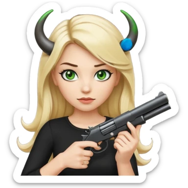 Emoji femme blonde cheveux blond, yeux vert avec de long cils noir qui porte un pistolet et à des cornes  sticker