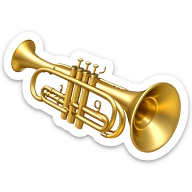 Create a sleek and polished emoji representing the Brahner trumpet. The design should feature the shiny brass body of the trumpet, with its distinct bell shape and coiled tubing. Highlight the three smooth, finger-operated valves, and the mouthpiece at the top of the instrument. The finish of the trumpet should be a rich, golden brass tone with subtle reflections, giving it a polished and professional appearance. Add musical notes or soundwaves around the bell of the trumpet to evoke its bold and brassy sound. Use golden, brass, and silver tones to emphasize the vibrant, high-quality design of the trumpet. The background should be transparent. sticker