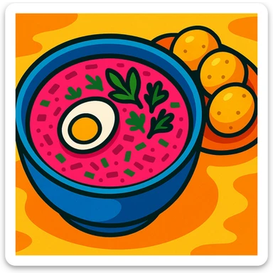 pink soup with egg and greens inside, boiled potatoes by its side, vibrant cartoon style sticker