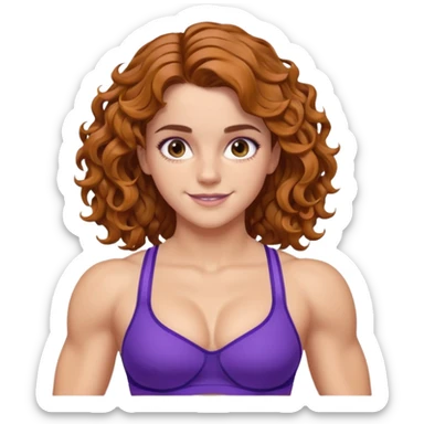 big biceps, muscled torso, very beautiful italian happy girl, looking like Emma Watson, with wavy curly bright hazelnut hair, dressed in violet bra sports outfit, very muscled sticker