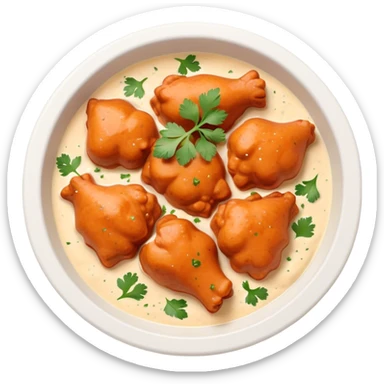 Butter Chicken Cinematic Realistic Butter Chicken Dish Emoji, depicted as tender chicken pieces sliced up and bathed in a creamy white sauce garnished with fresh cilantro, rendered with rich textures and vibrant, appetizing lighting. sticker