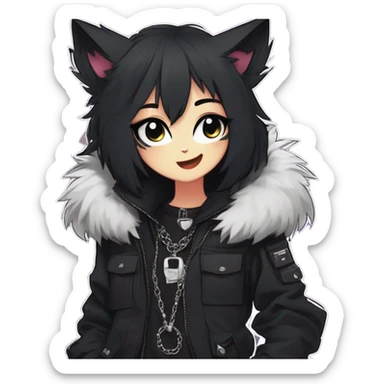Gorgeous furry gothic dark techwear anime style anthro black cat furry sona Fakemon with blushing face aesthetic and pretty edgy black with collar and harness trending style chains cargo pants tomboy sticker