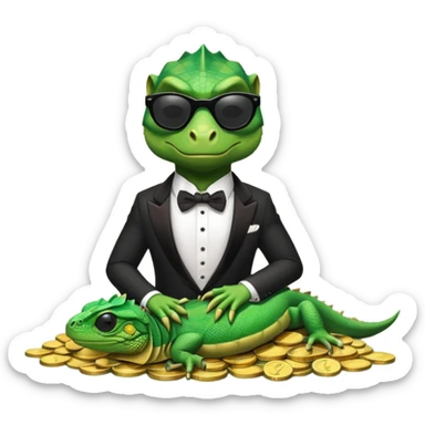 capitalist iguana banker in tuxedo and black sunglasses lying comfortly on coins sticker