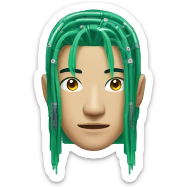 Head of Asian male cyborg with long green hair and circuits sticker