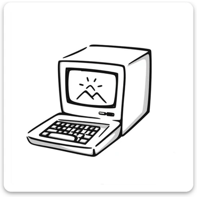 Pixel art style old Macintosh computer, simple monochrome linework sticker