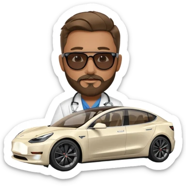 White tesla model 3 with one cool physician with dark blond hair, beard and dark sunglasses next to it sticker