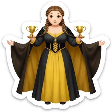 Helga Hufflepuff,brown-haired,2 braids,yellow-black medieval open dress,deep neckline,fat macromastia,black cloak decorated with gold braiding,gold cup with two handles,very kind smile,curvy busty sweet woman,round rosy cheeks,full length with medieval shoes sticker