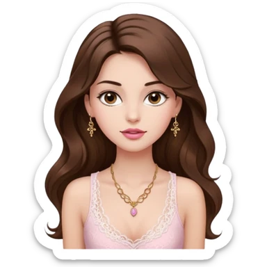 fair-skinned girl with dark brown, slim shaped eyes and long lashes. long, brown hair styled in a voluminous, wavy blowout. wearing a delicate white lace tank top and a dainty gold necklace, plump pink lips. sticker