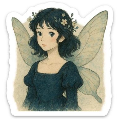 realistic whimsical black, blue and cream, natural colors, soft, fairy-like atmosphere, no background, square size sticker