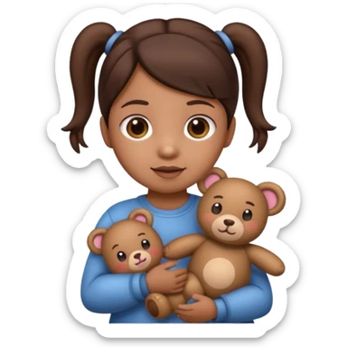 Toddler emoji with two pigtails dark brown hair holding stuff sticker