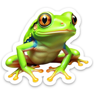 Cinematic Comical Green Tree Frog Portrait Emoji, Head tilted dramatically with an exaggeratedly amused expression, featuring a small, vibrant green body with wide, comically expressive eyes and quirky, textured skin, Simplified yet hilariously expressive features, highly detailed, glowing with a slightly sassy jungle glow, high shine, dramatic yet playful, stylized with an air of cheeky tropical mischief, soft glowing outline, capturing the essence of a meme-worthy green tree frog that looks ready to leap its way into viral fame! sticker