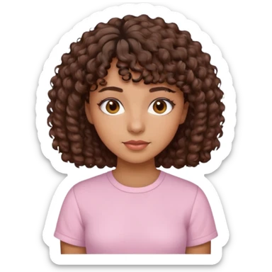 A Latina girl with brown eyes and short curly hair with curly bangs with a light pink shirt sticker