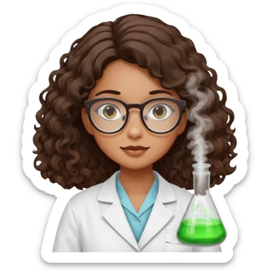 bratz doll with long loose curly dark brown hair, that reaches her lower back glasses that are round cat eye vibes, in a lab coat mixing beakers that glow shes a 4th grade girl sticker