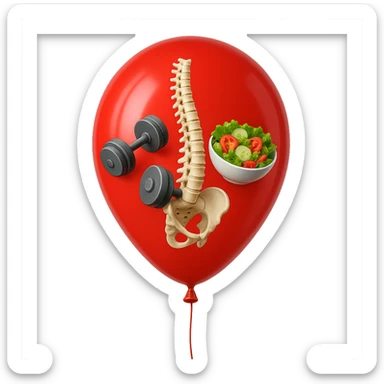 palloncino rosso con all'interno insalata, manubri da palestra e una spina dorsale anatomica realistica in 3d, isolato su sfondo bianco sticker