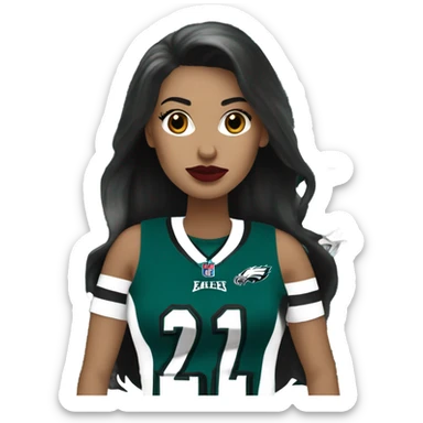 White female long dark hair red lips wearing Philadelphia Eagles jersey sticker