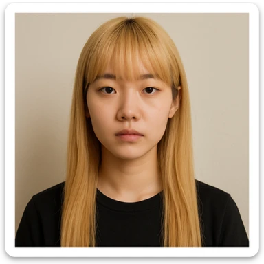 Korean girl with long blond hair and bangs, neutral expression, simple background sticker