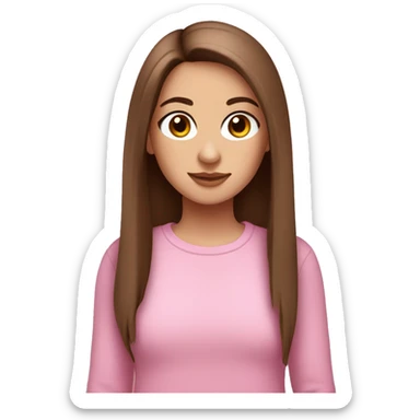 white girl with straight brown hair and brown eyes wearing a pink jumper with ling eyelashes sticker