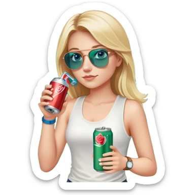 girl with long blond hair
with blue eyes
and aviator sunglasses
wearing white tank top 
holding a soda can
wearing (rose gold apple watch with forest green band) sticker