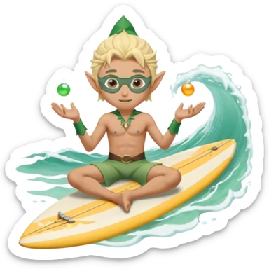 elf male legolas sitting on surfboard (ashore), hands manipulating two orbs of swirling seawater giving a "massage" to his own shoulders, wearing relaxed linen shorts over swimwear, tinted elven sunglasses, pointy ears, content expression, centered emoji sticker
