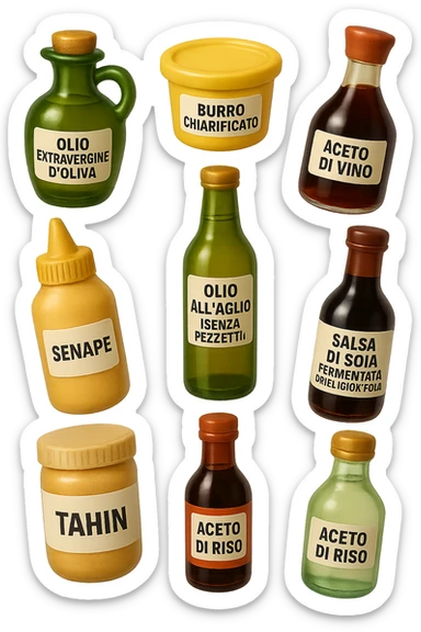 emoji stile iphone 3d di questi elementi che fluttuano in aria sparsi casualmente:

Olio extravergine d’oliva, burro chiarificato
Olio all’aglio (senza pezzetti)
Aceto di vino, aceto di riso, senape, tahin
Salsa di soia fermentata (senza aglio/cipolla)


 che fluttuano sparse casualmente in aria, le etichette dei prodotti scrivile in italiano, iperealistico 4k sticker