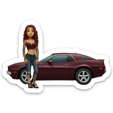Beautiful tattooed burgundy long haired woman standing next to a car sticker