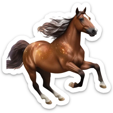 Ethereal glittering iridescent rich chestnut brown brindle horse galloping through constellations and nebulas sticker