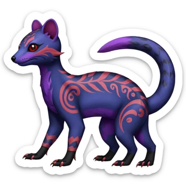Rare warm-colored exotic gloomy tropical edgy cute epic aesthetic spooky indigo violet purple black red gothic colorful Salandit-Civet-species-Fakemon-hybrid-creature, with tribal tattoo markings, full body sticker