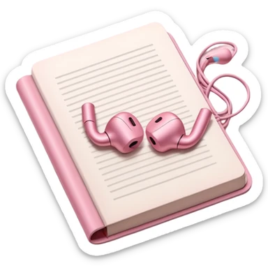  pink Pink Apple-style earbuds lying on an open book, soft pastel tones, cozy and minimal aesthetic, realistic lighting and shadows, top-down view, transparent background" sticker