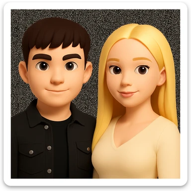 Slightly increase the volume of the upper body of the girl, separate the girl and the boy from each other, make the skin color the same for both characters, while preserving the cartoonish 3D style as shown in the reference image. sticker