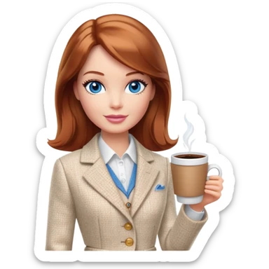 A Barbie girl with blue eyes, shoulder-length reddish-brown hair, made-up, wearing a white tweed jacket and a beige skirt, is sitting at a table with a cup of coffee in her hands sticker