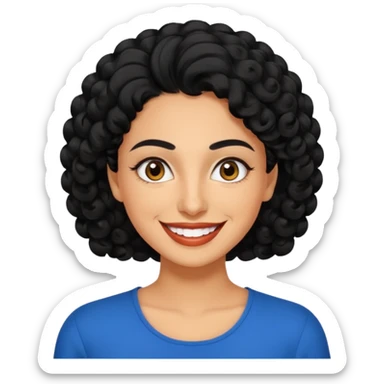 30 year old iranian woman very short curly black hair, big brown eyes, tanned skin, big smile, white teeth, pretty, stylish, shorter hair, man length hair sticker