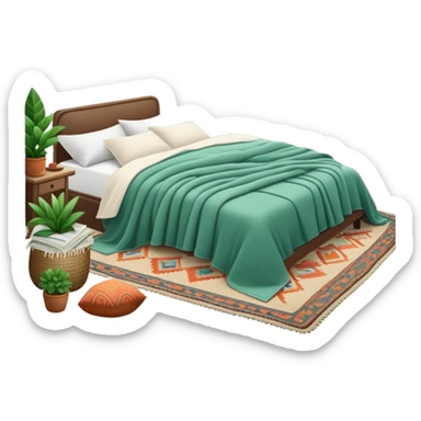 cozy modern boho bedroom with many houseplants, layered rugs, and piles of textured blankets and pillows sticker