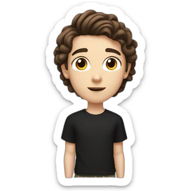 a white teenager boy with big brown eyes and middle parted long coiled brown hair, wearing a black t-shirt with white airpods sticker