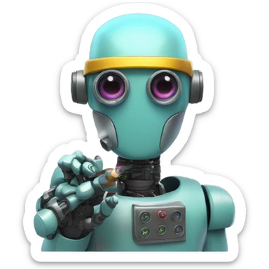 Secret half man half robot agent with a spyglass looking reviewing multicolor lines of code sticker